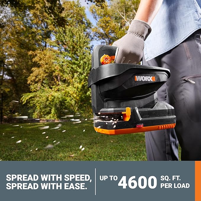 WORX 20V Cordless Seed Spreader 6-Speeds 5-Ft. Max Distance, Fertilizer Spreaders 8 Flow-Rate Settings, Broadcast Spreader Easier Than Hand Spreaders for Lawns WG869.9 – Tool Only