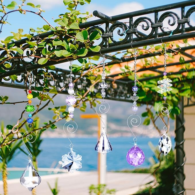 Hicarer 9 Pcs Crystal Suncatchers Hanging Catchers with Chain Colorful Glass Pendant Beads Chandelier Prism Ornament for Window Home Wall Tree Cars Decor Wedding Birthday Anniversary Party Gifts