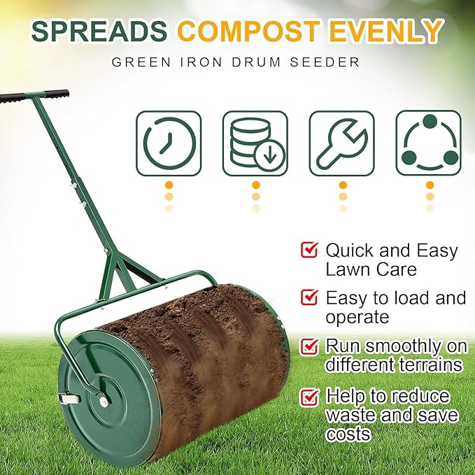 Compost Spreader, Durable Lawn Roller, Manure Spreader with Upgrade T Shaped Handle,Top Soil Spreader for Lawn and Garden Care Manure Spreaders Roller (12.5 Inch-T-Green-S)