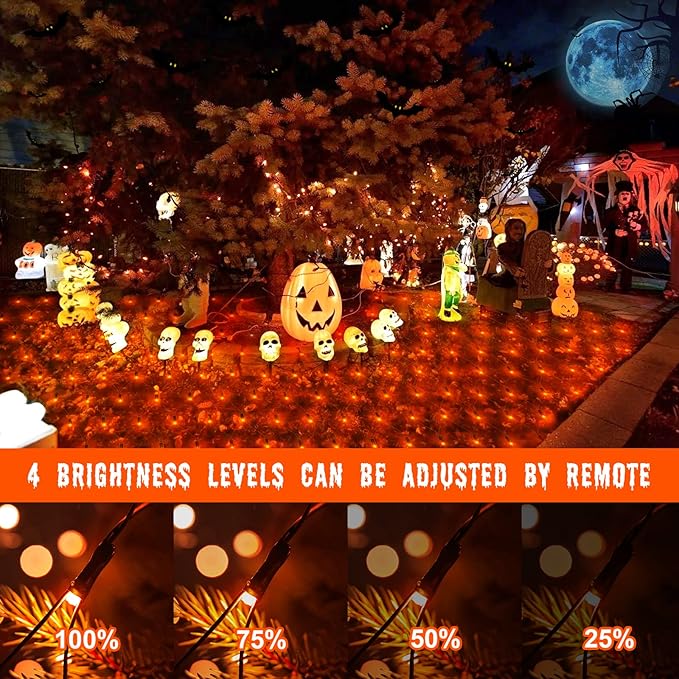 Orange Net Lights Outdoor Waterproof - 360 LED With Remote, 12x5 ft Extendable 8 Modes Christmas Lights for Thanksgiving Bushes Gazebo Lawn Garden Shrubs Tree Backyard