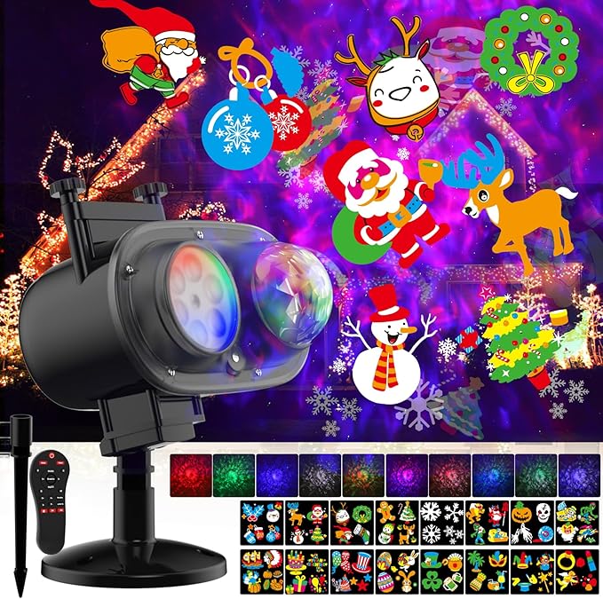 Christmas Projector Lights Outdoor, Holiday Projector With Remote Control Timer, 26 HD Effects (3D Ocean Wave & Patterns) Waterproof Landscape for Halloween Party Decorations