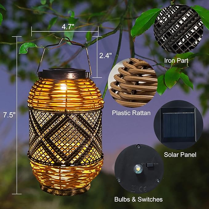 2 Pack Solar Lanterns Outdoor Waterproof,Rattan with Metal Hanging Solar Lights Boho Lanterns Decorative Lights with Handle for Patio Pathway Courtyard Tree Garden Yard Fence