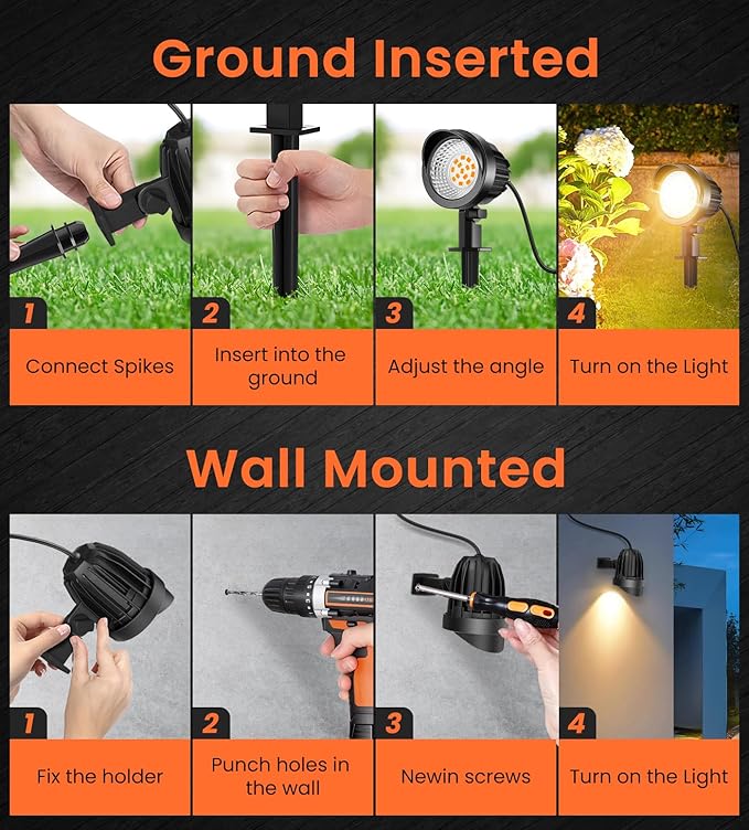 MEIKEE 7W LED Landscape Lights, 12V/24V Low Voltage Landscape Lighting with Connectors IP66 Outdoor Spotlights Warm White Garden Lights for Pathway Yard Patio 12-Pack