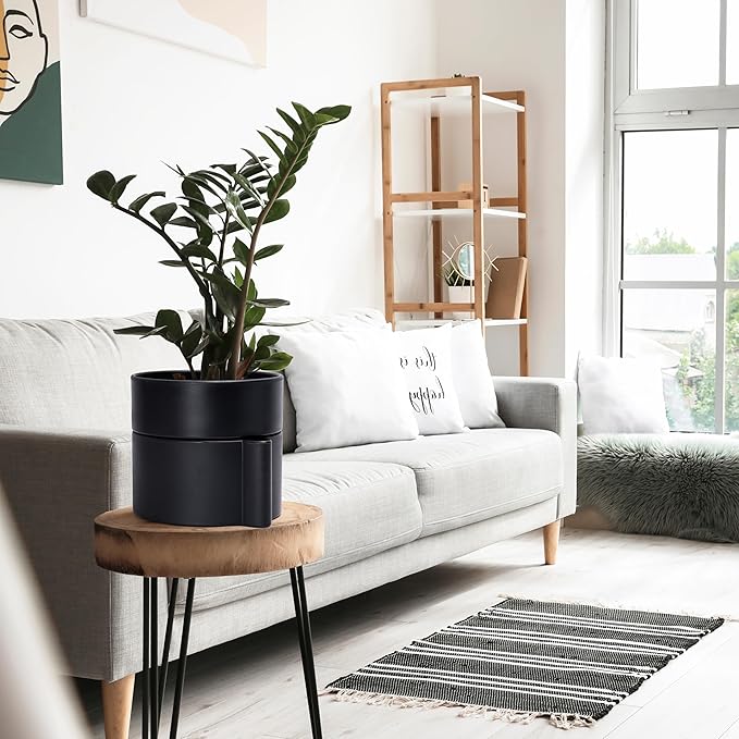 Phoenix Vine 6.5 Inch Self-Watering Planter Pot with Terracotta Insert, Deep Water Reservoir, and Ceramic-Alike BPA-Free Plastic Planter Pot for Plant, Modern Planter for Houseplants, Black, 53-A-S-2