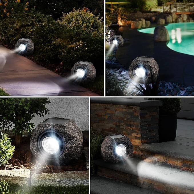 Solar Rock Lights, 2 Pack Outdoor Decorative Garden Spotlights for Pathway, Walkway, Yard, Landscape, Patio (Dark Brown)