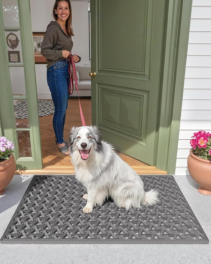 Color&Geometry Door Mat Outside Entrance with Drainage, Rubber Heavy Duty Dirt Trapper Waterproof Outdoor Welcome Mat, Outdoor Mats All Weather for Front Back Door Patio Entryway Entry,19"X30" Grey