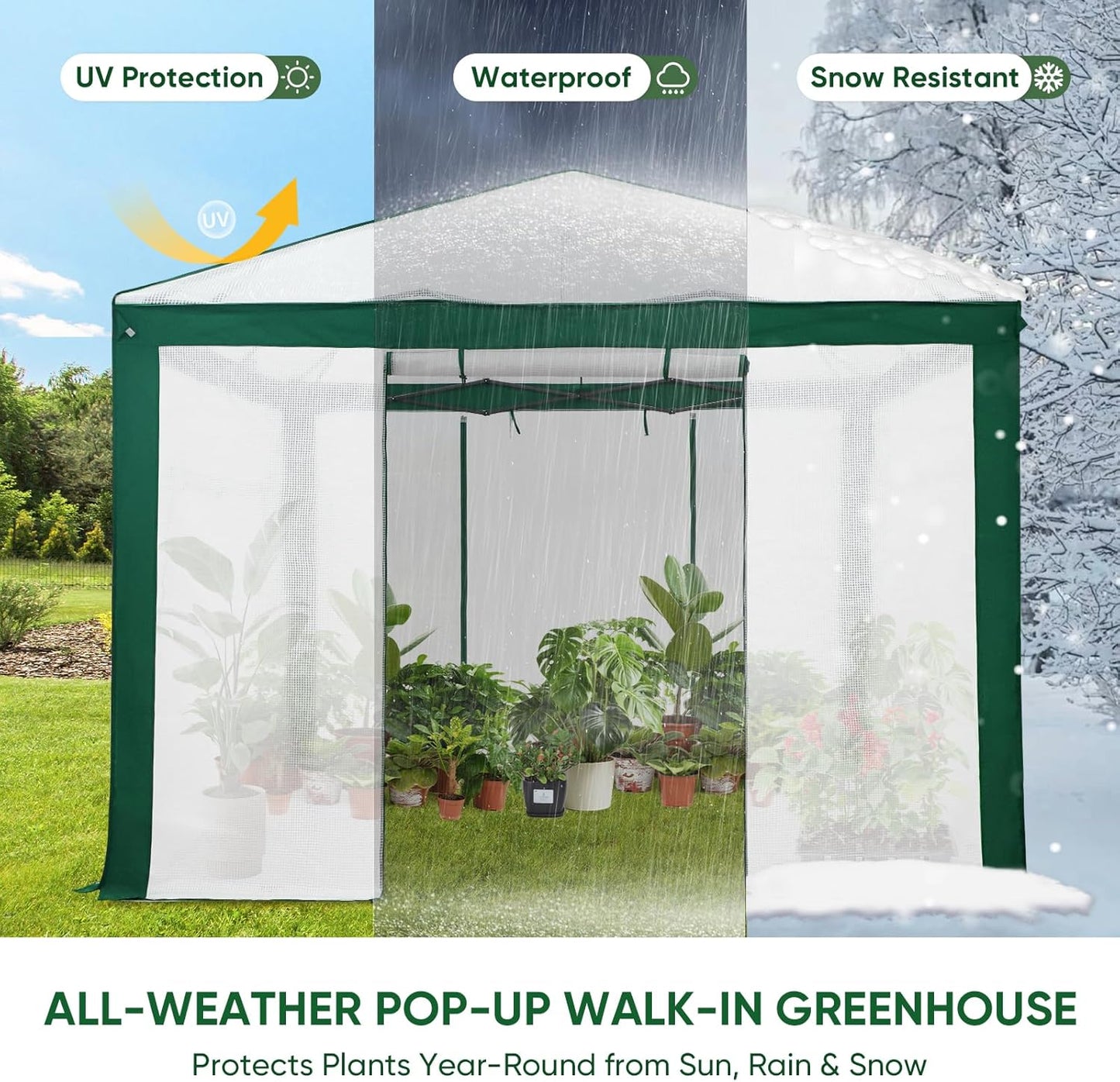 EAGLE PEAK 10x10 Portable Walk in Greenhouse with Polyester Reinforced Corners, Instant Pop up Indoor Outdoor Gardening Green House, Roll Up Zipper Entry Doors and Mesh Windows, Green/White