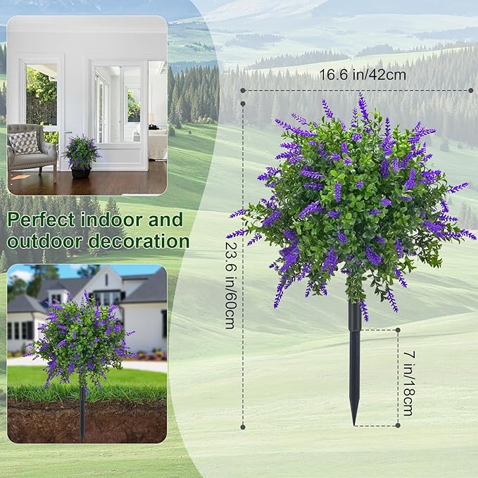 23.6" Artificial Lavender Topiary Ball Trees with Ground Spike, 2 Pack Faux Potted Plants with UV Resistant Purple Flowers for Indoor Outdoor Home Garden Patio Porch Decoration