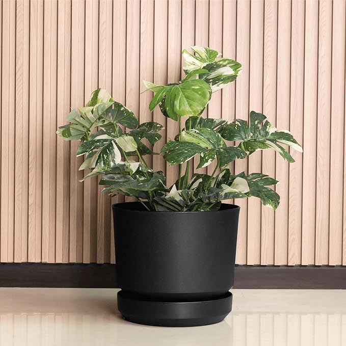 Elly Décor 10 inch Plastic Cylinder Planter Pot with Self-Watering Saucer and Drainage Hole,Lightweight & Extremely Durable, 10"x 10", Black