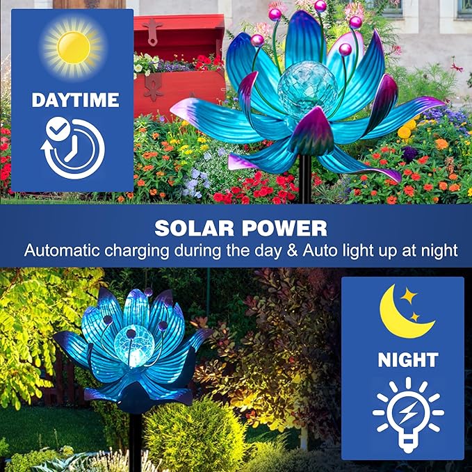 Solar Wind Spinner, 38 Inch Metal Stake Yard Spinners,Solar Powered Multi-Color LED Glass Ball with Kinetic Wind Sculpture Spinner Windmills for Yard (38IN-Purple)