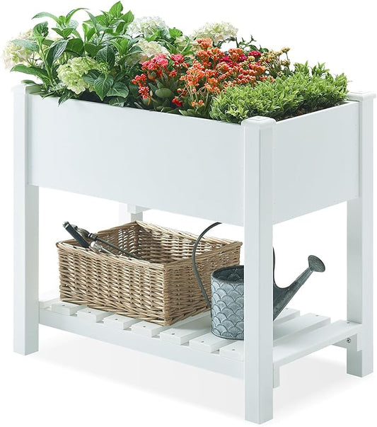 Psilvam Planter Box Raised Garden Bed, Poly Lumber Raised Garden Beds Outdoor with Storage Racks and Tarps, Superior to Cedar Elevated Garden Bed with Leg, for Balcony and Porch, 350 lbs Load (White)