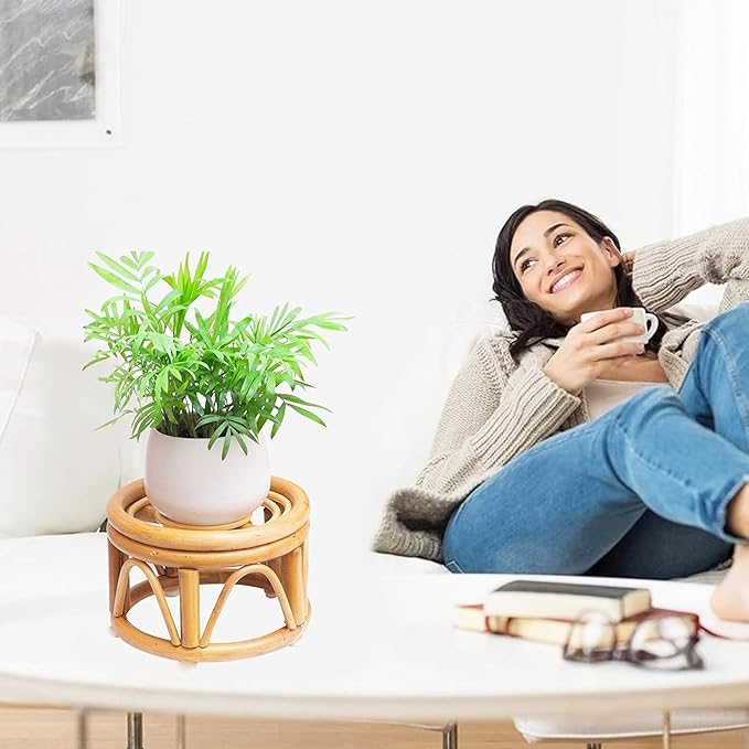 Set of 2 Small Boho Rattan Wicker Round Riser Plant Stand Indoor,Rustic Farmhouse Natural Wooden Circle Pedestal for Decor & Display, Tabletop, Office Decor