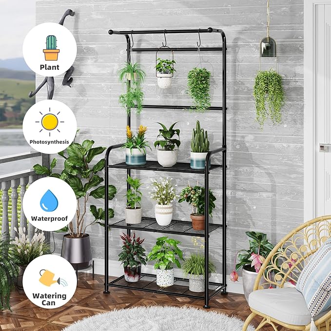 Plant Stand Indoor Outdoor, Heavy Duty Metal 3 Tiered Tall Hanging Plant Shelf for Multiple Flower Planter Holder 67" Large Rack for Living Room Garden Balcony, Black