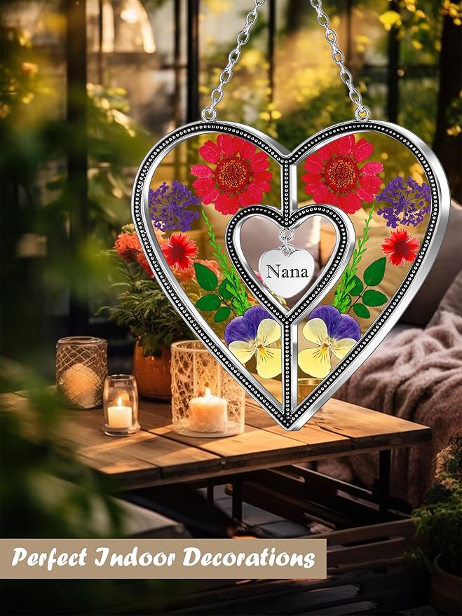 KY&BOSAM Heart Suncatcher Nana Stained Glass Panles Hangings for Windows Ornament Sun Catchers with Pressed Real Flower Heart Embedded in Glass Birthday Gifts for Nana Mother`s Day Home Garden Decor