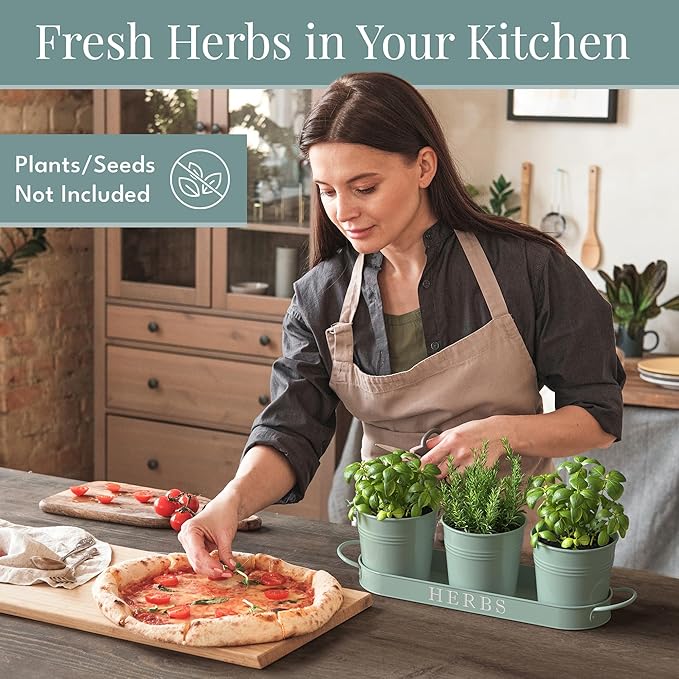 Barnyard Designs Indoor Herb Garden Planter Set with Tray, Metal Windowsill Plant Pots with Drainage for Outdoor or Indoor Plants, Set/3 (Soft Mint)