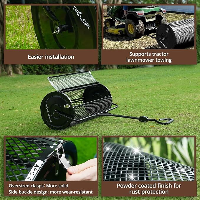 Compost Spreader 36 Inch Towable Peat Moss Spreader with Installation Support Accessories, Metal Mesh Roller Lawn Spreader for Top Soil, Manure, Mulch, Top Dressing - Garden spreaders for lawns