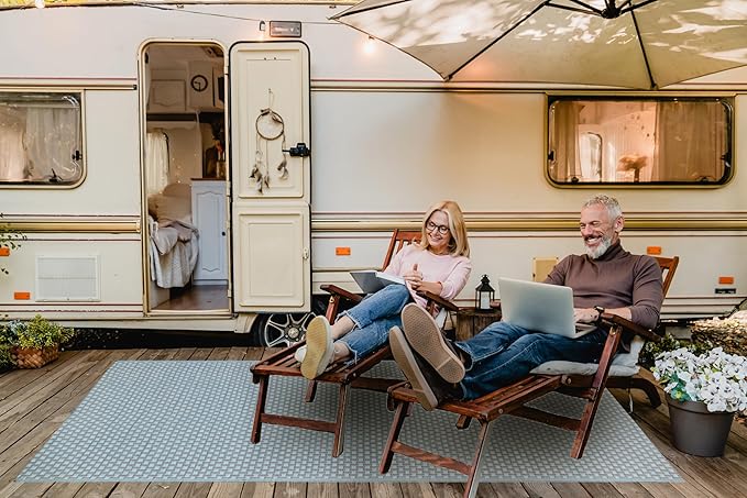 Mad Mats Geometric Outdoor Rug, Reversible Plastic Mat (6' x 9', Basket Weave - Sand/Aqua)