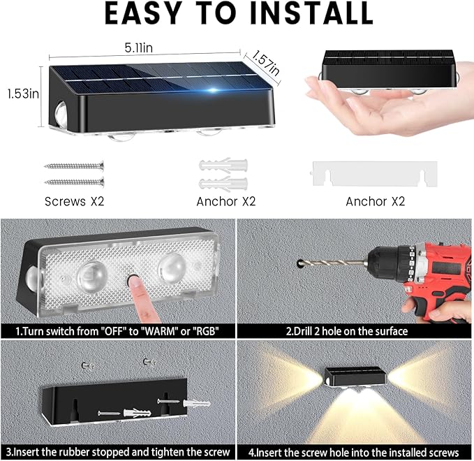 Solar Fence Lights Outdoor - 3-Side Fence Light Solars Powered for Outside IP65 Waterproof Fence Solar Lights Outdoor for Outside Garden Backyard Patio Deck Fence Stair Step Railing Pathway(2Pack)