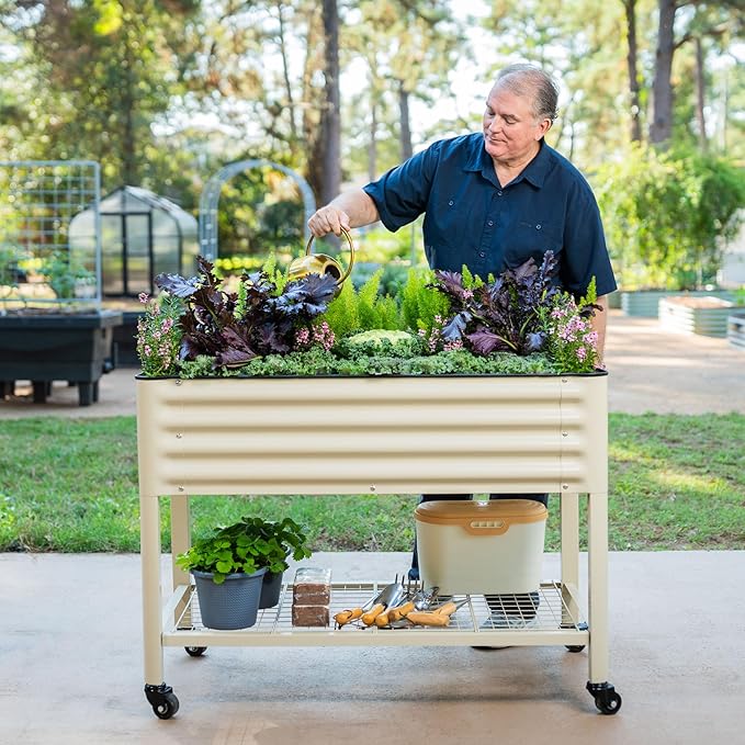 Rolling Elevated Raised Garden Bed-V Series, 2' x 4' Garden Beds with Legs & Storage Rack for Patio & Porch, 700 Lbs Weight Capacity, Outdoor Planter Box for Vegetables Flower Herbs, Olive Green