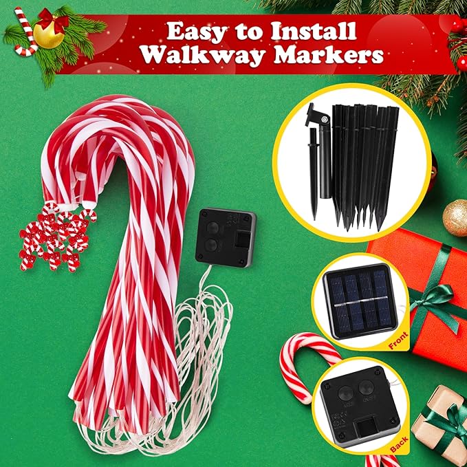 12 Pack Christmas Candy Cane Lights Outdoor Solar Pathway Lights Christmas Decorations Waterproof Driveway Walkway Markers Yard Garden Home Xmas Decor, 2-in-1 Rechargeable Solar Power