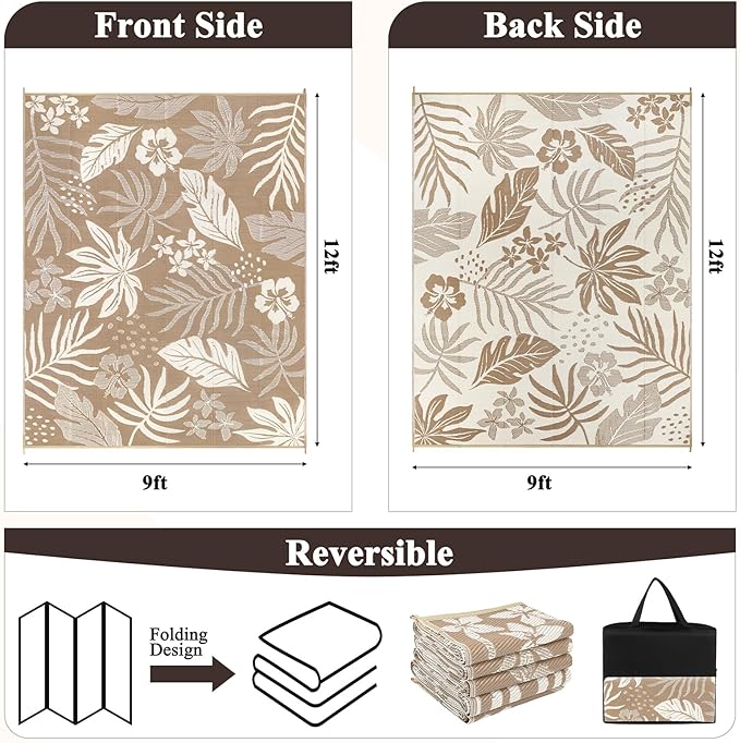 Pauwer Waterproof Outdoor Rug 9x12, Reversible Plastic Straw Patio Camping Rug, Indoor Outdoor RV Mat Carpet for Deck, Camper, Porch, Balcony, Backyard, Picnic, Floral Brown