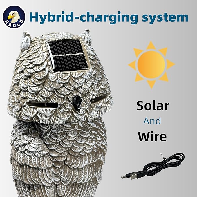 Solar Powered Garden Owl with Motion Detection, Rotating Head, Realistic Hoots and Silent Mode, Garden Sculpture, Plastic Owl Decoration for Home, Garden, Patio and Lawn