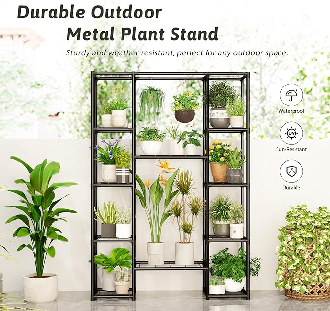 Plant Stand Outdoor Tall Plant Shelf Indoor Metal Large Hanging Plant Cabinet Waterproof Plant Rack Flower Holder for Living Room Patio Balcony Garden Black