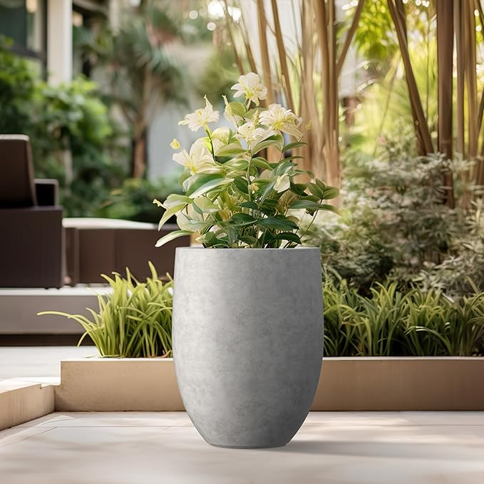 Kante 21.7" H Natural Concrete Tall Planter, Large Outdoor Indoor Decorative Pot with Drainage Hole and Rubber Plug, Modern Round Taper Style for Home and Patio