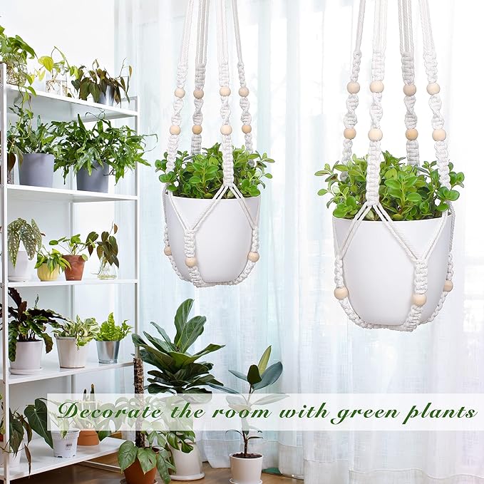 YIBOT 2 Pack Macrame Plant Hanger Indoor Hanging Planter Basket with Wood Beads Decorative Flower Pot Holder No Tassels for Indoor Outdoor Boho Home Decor-35 Inch