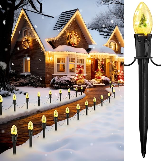 C9 Christmas Pathway Lights Outdoor, 25Ft 20 LED Christmas String Lights with Stakes, 3 Light Modes, Waterproof Connectable Christmas Decorations for Outside Lawn Yard Sidewalk Driveway, Warm White