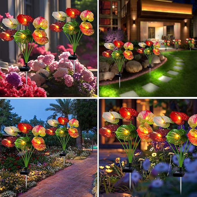 Solar Lights Outdoor,4 Packs Solar Garden Flower Lights with Anthurium Plant Lights,Garden Birthday Gifts for Women,Waterproof Solar Stakes Lights for Outside Yard Patio Lawn Decoration