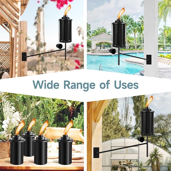 6 PCs Wall Mounted Citronella Torches for Outside, Metal 16 oz Garden Torches, Outdoor Garden Decorative, Easy Refillable Metal Torch for Patio, Deck, Garden, Yard, Black,