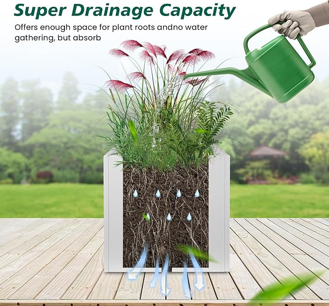 White Steel Planter Square Outdoor Planters Galvanized Steel Planter Box Indoor Metal Large Planters Cube Heavy Duty Flower Pot 16 Inch Modern Commercial Residential for Trees Patio Deck Yard Garden