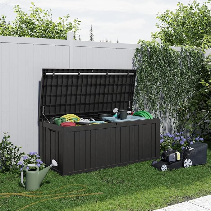 DRATO 150 Gallon Outdoor Storage Box, Large Waterproof Deck Box, Lockable Resin Storage Container with Reinforced Support for Patio Cushions, Garden Tools, UV-Resistant Outdoor Chest（Black）