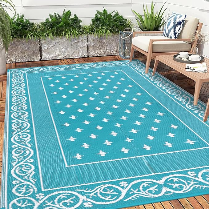Pauwer Waterproof Outdoor Rug 6x9, Reversible Plastic Straw Patio Camping Rug, Indoor Outdoor RV Mat Carpet for Deck, Camper, Porch, Balcony, Backyard, Picnic, Bordered Teal