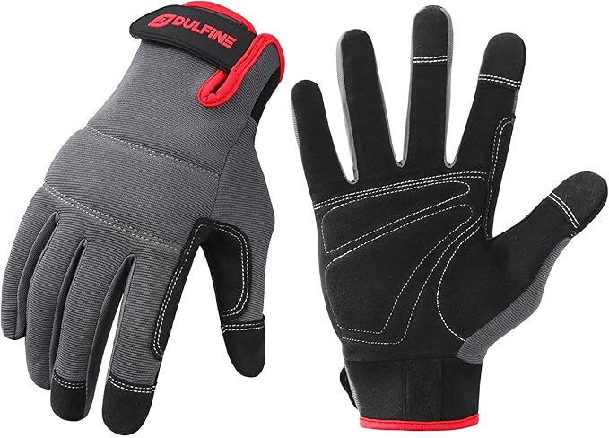 DULFINE Flex Grip Mechanic Work Gloves for Men,Black and Red Utility Safety Working Gloves Touch Screen,Excellent Grip,Ideal for Working on Cars and Outdoor Jobs(Medium)