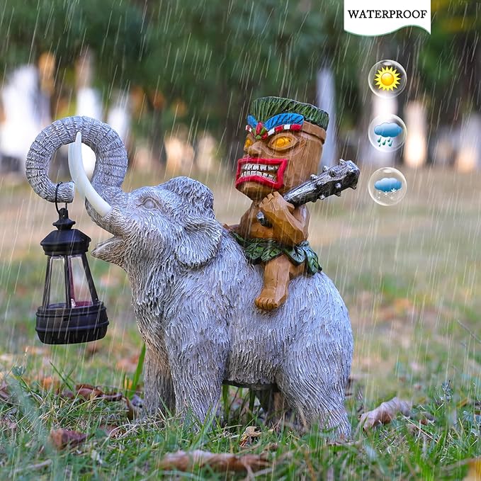 Solar Tiki Statue-Outdoor Statues-Tiki Bar Decor-Solar Powered Light Garden Figurine Tiki Decoration for Bar,Patio,Balcony,Yard,Lawn,Table,Riding A Elephant 9.09 Inches Tall