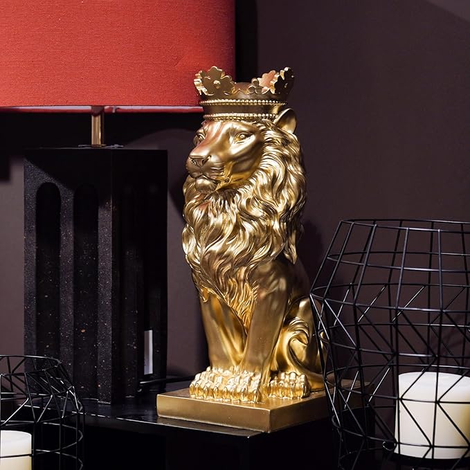 Gold Room Décor Lion Statue – 15 Inch Gold Statue Lion Figurine House Decorations with Crown Lion Statues Home Décor Lion Decoration Décor for Living Room Gold Décor 8.5 * 5.5 * 15 Inch