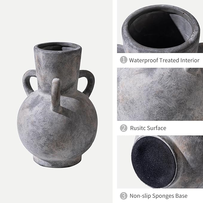 Rustic Grey Terracotta Ceramic Vase with Handles, Vintage Pottery Floral Vases, Cottage Core for Home Decor Table Centerpiece, Large Flower Vase for Bouquets Table Mantel Bedroon Bathroom 8.5 Inch