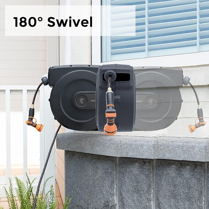 Giraffe Tools AW505/8 Retractable Garden Hose Reel 5/8" x 115+5 ft, Heavy Duty Wall Mounted Water Hose Reel Automatic Rewind, 180 Deg Swivel Bracket, Slow Retraction, 115ft, Dark Grey