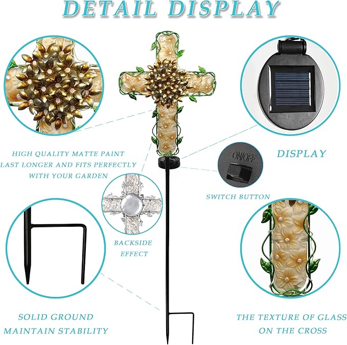 38inch Solar Cross Garden Lights Outdoor Decorative - Solar Metal&Glass Cross Apricot Hydrangea Flower Stake Lights- Waterproof 20 White LED for Remembrance Gifts & Sympathy Gifts