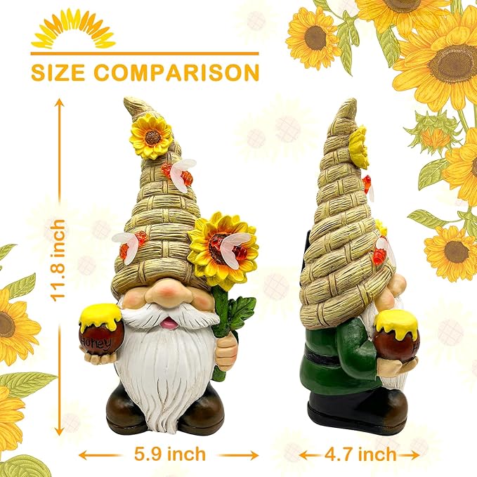 Uniboho Garden Gnome Statue Outdoor Garden Decor Large Resin Sunflower Gnome Holding Honey Jar with Solar Bee Lights for Garden Yard Decorations Patio Lawn Outside Porch Lawn Decor Gnomes Gifts 12"