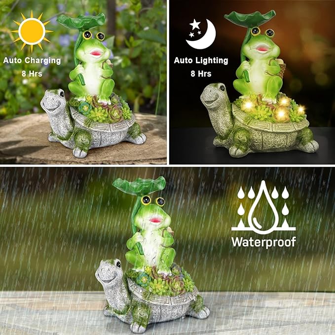 Solar Garden Statues Garden Decor Figurine Lights for Outside,Frog Gardens Statue,Fairy Garden Accessories,Valentine's Day Gift,Lawn Decor Tortoise Statue for Patio,Balcony,Yard Ornament