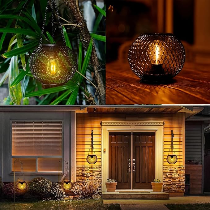 Solar Lanterns Outdoor, Brighter Metal Solar Hanging Lanterns, IP65 Waterproof Solar Lights Outdoor, Gardening Gifts & Decor for Garden Yard Patio Pathway