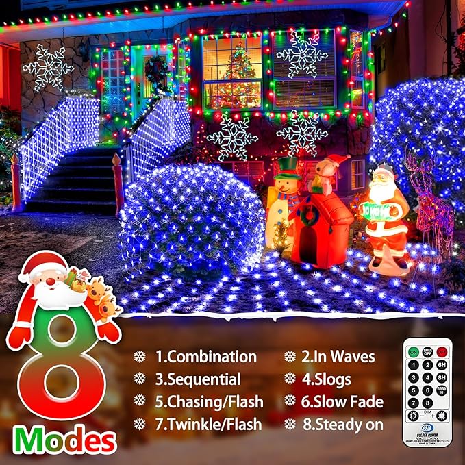 KNONEW Christmas Net Lights 360 LEDs 13ft x 9.8ft Outdoor Mesh Lights Connectable Waterproof 8 Modes & Timer Plug-in Net Fairy Lights for Bushes Garden Party Wedding Holiday,Blue