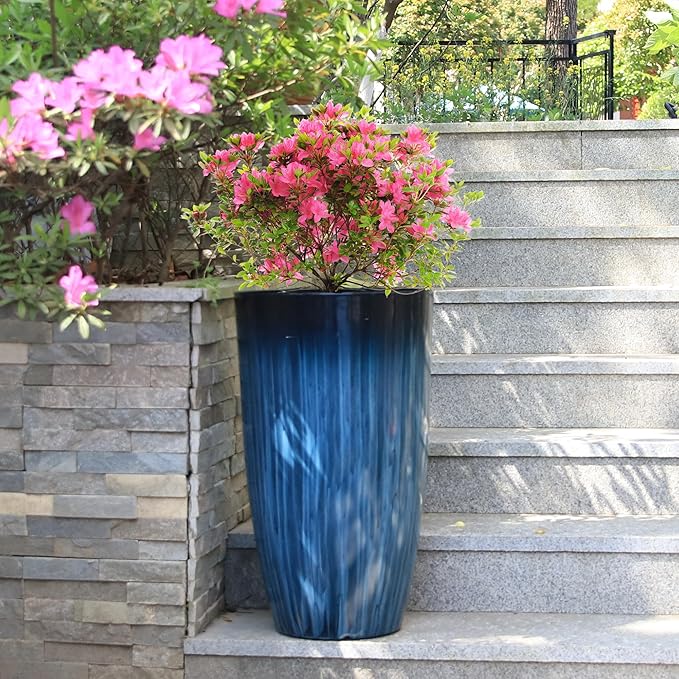 Worth Garden 23.5" H. Large Plastic Planters - Set of 2 Gradient Blue Glossy Smooth Finish - Tall Plant Pots for Indoor & Outdoor Use - Decorative Lightweight Flower Pots for Front Porch, Patio, Deck