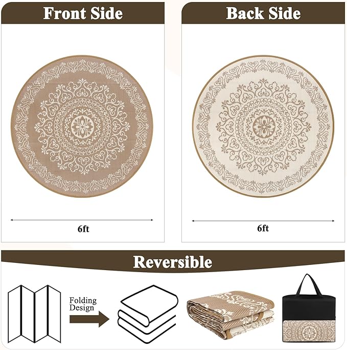 Pauwer Waterproof Outdoor Rug 6ft, Reversible Plastic Straw Patio Camping Rug, Indoor Outdoor RV Mat Carpet for Deck, Camper, Porch, Balcony, Backyard, Picnic, Floral Brown