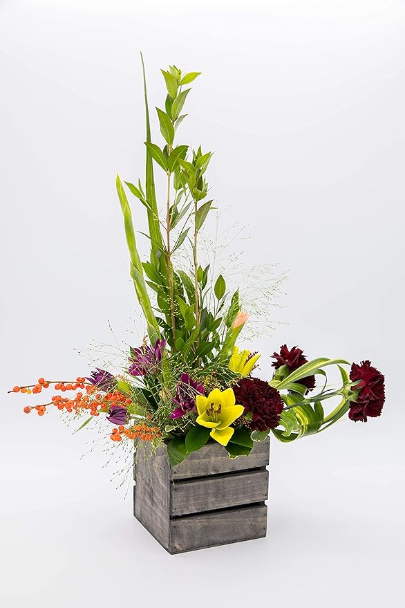 Wood Planter Box with Wine Crate Styled, 5 Inch Square, Rustic Barn Wood, Plastic Liner, Wedding Flowers Holder, Home and Venue Decor, (5x5 Wine Crate Set of 4)