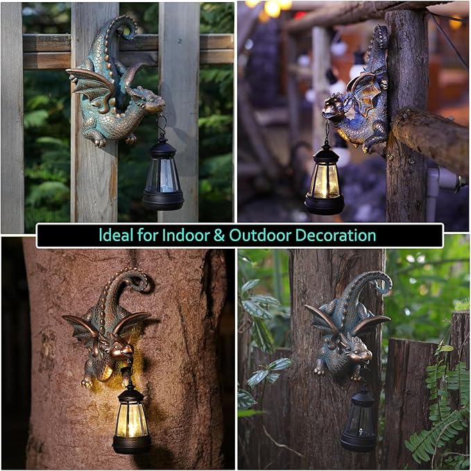 Dragon Solar Garden Statue - Gothic Outdoor Wall Hanging Decor with Solar Light, Fantasy Dragon Figurine for Patio, Yard, or Tree - Unique Whimsical Gift for Adults, Men & Women