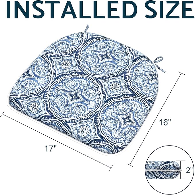 Indoor/Outdoor Chair Cushions 16x17 Inch, Patio Chair Cushions with Ties, All Weather Seat Cushions for Patio Furniture Home Garden Chair Use, Set of 4,Medallion Blue